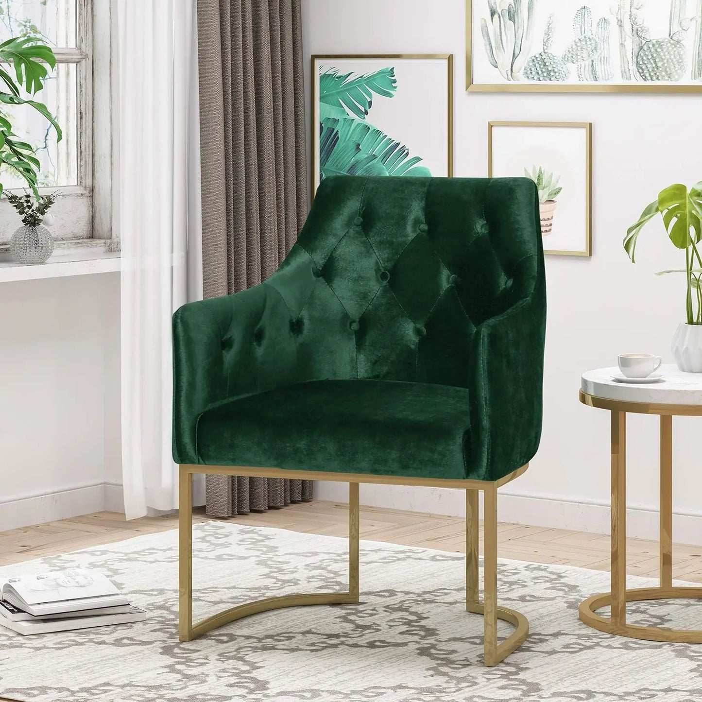 Fern Modern Tufted Glam Home Accent Chair with Velvet Cushions and U-Shaped Base, Emerald and Gold Finish,26"D x 26"W x 34"H