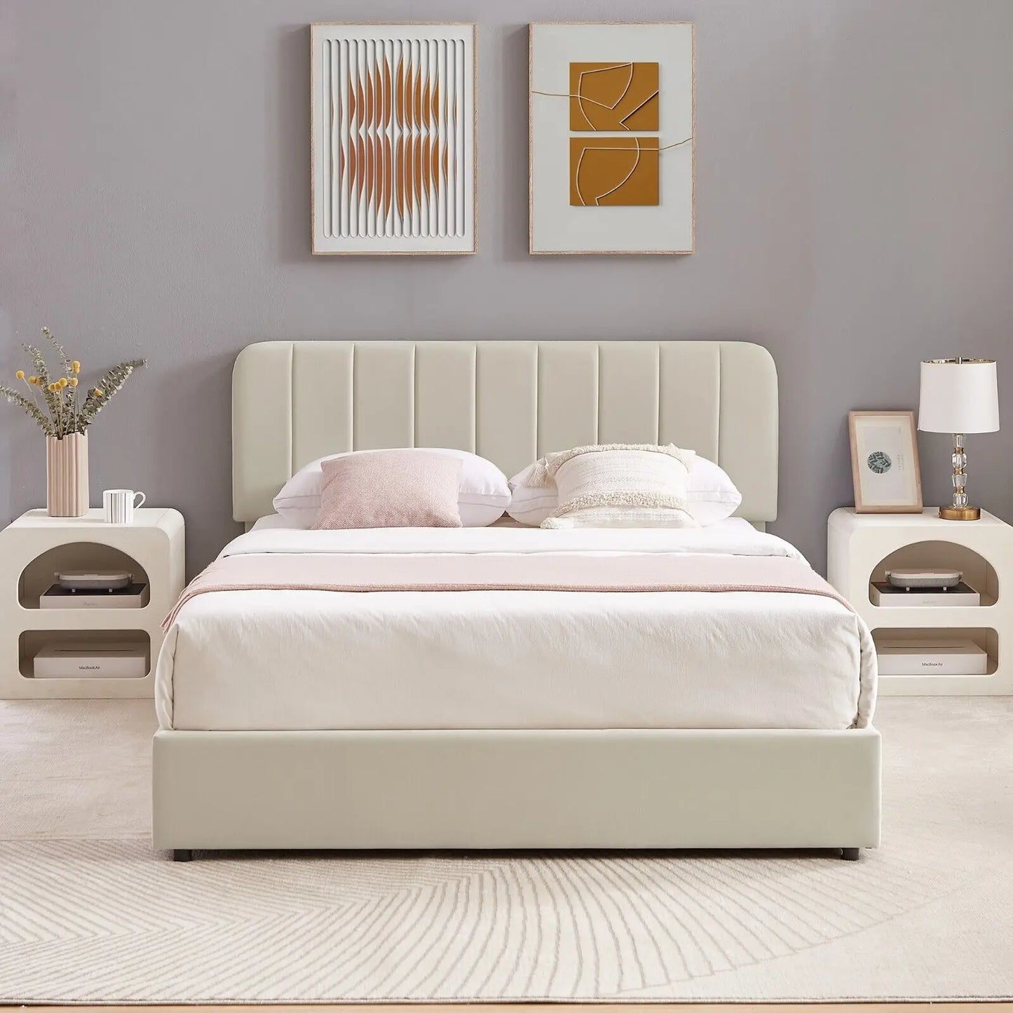 Upholstered Bed Frame + 4 Storage Drawer Platform Queen Size with Headboard for indoor bedroom furniture