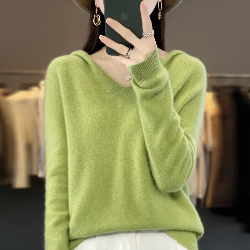 Knitted sweater cashmere sweater women's 100% merino wool hooded V-neck pullover winter autumn hoodie top women's clothing