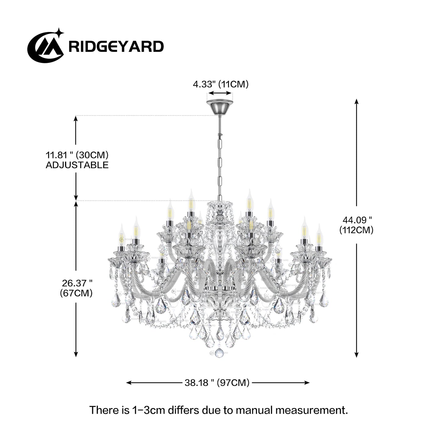 Ridgeyard Baroque Crystal Chandelier 18 lights K9 Pendant Crystal Ceiling Light with Adjustable Chain for Bedroom Living Room