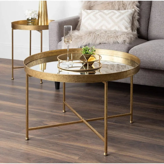 Mirrored Surface and Gold Frame Coffee Table for Living Room Metal Foldable Round Accent Coffee Table 28.25" X 28.25" X 19" Side