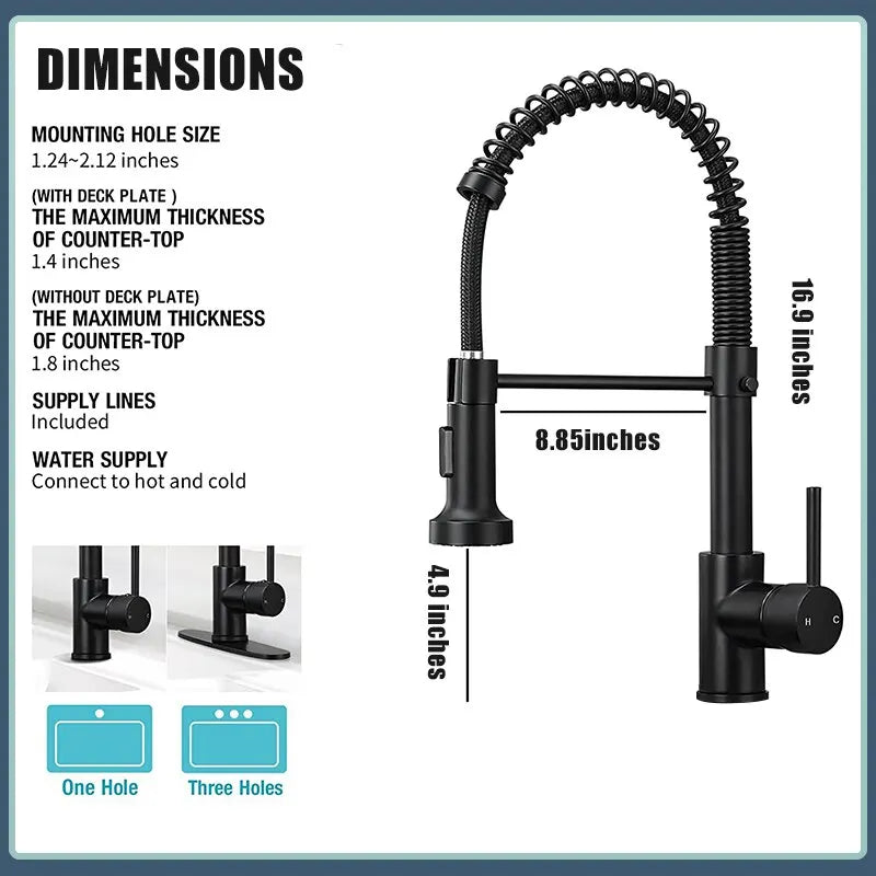 Black and Chromed Spring Pull Down Kitchen Sink Faucet Hot and Cold Water Mixer Crane Tap with Dual Spout Deck Mounted