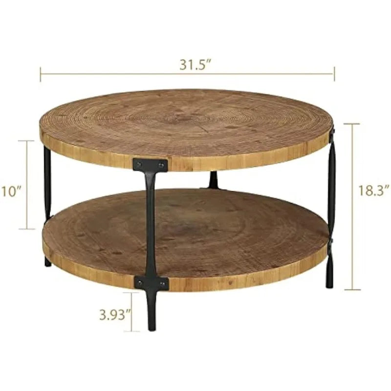 Round Boho Wood Coffee Table -31.5"Farmhouse Natural Circle Wooden 2-Tier Coffee Tables Living Room Furniture,Natural Wood Color