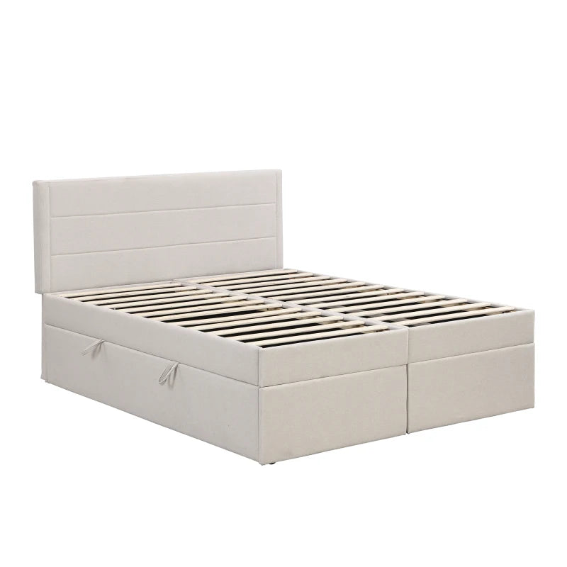 Beige Queen Size Upholstered Platform Bed with Storage Underneath, Easy to assemble for indoor bedroom furniture