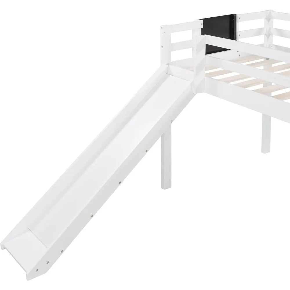 Wooden Single Bed Frame for Children with Slide, Space-saving Wooden Bed Frame for Children for Boys or Girls, White