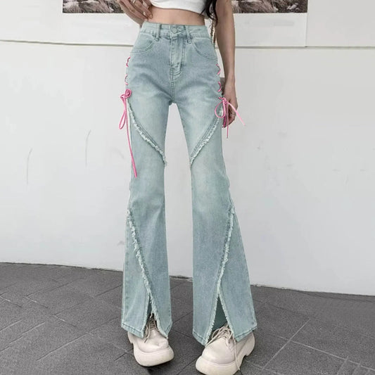 Women Flared Jeans Retro Ripped Fringe Split Y2K Denim Pants Clothes Korean Streetwear Fashion High Waist Boot Cut Jeans Trouser