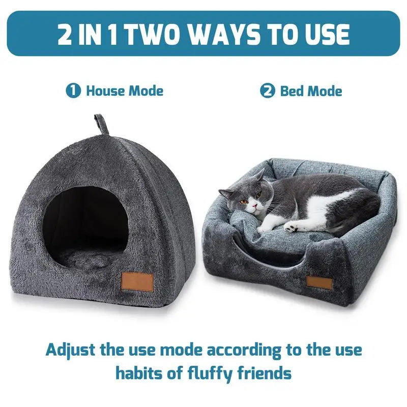 Plush Foldable Dog Cat Bed Non-slip Pet Kennel Gray Kitten House Indoor Semi-enclosed Sleeping Cats Cave Bed for Small Dogs Tent