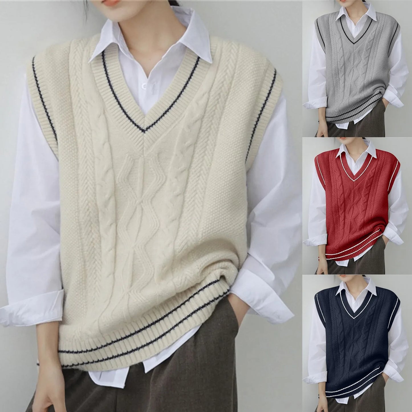 Sweater Vest Women Thicken V-neck Sleeveless Knitted Sweaters Vests Striped Retro Preppy-style Simple Chic Loose Casual Tops