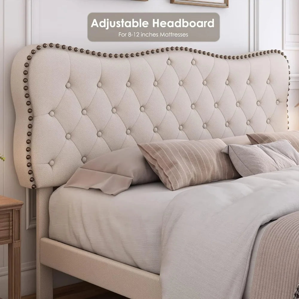 Bed Frame, Linen Fabric Upholstered Platform with Adjustable Headboard, Diamond Tufted Mattress Foundation with Wood Slats