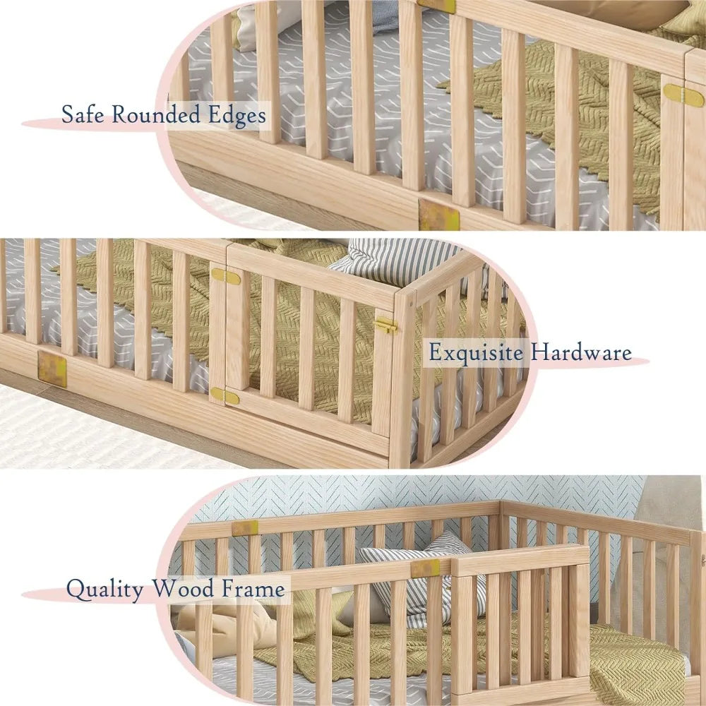 Montessori Twin Floor Bed with Safety Guardrails, Door Installs Left or Right, Wood Frame - Nature