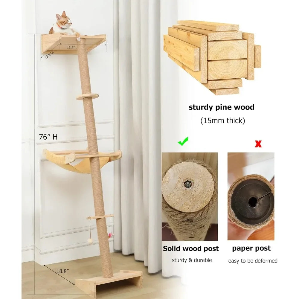 Wall Cat Tree with Hammock, 76" Tall Cat Wall Furniture Lean Against Wall Cats Climbing Tower for Active Indoor Climbers