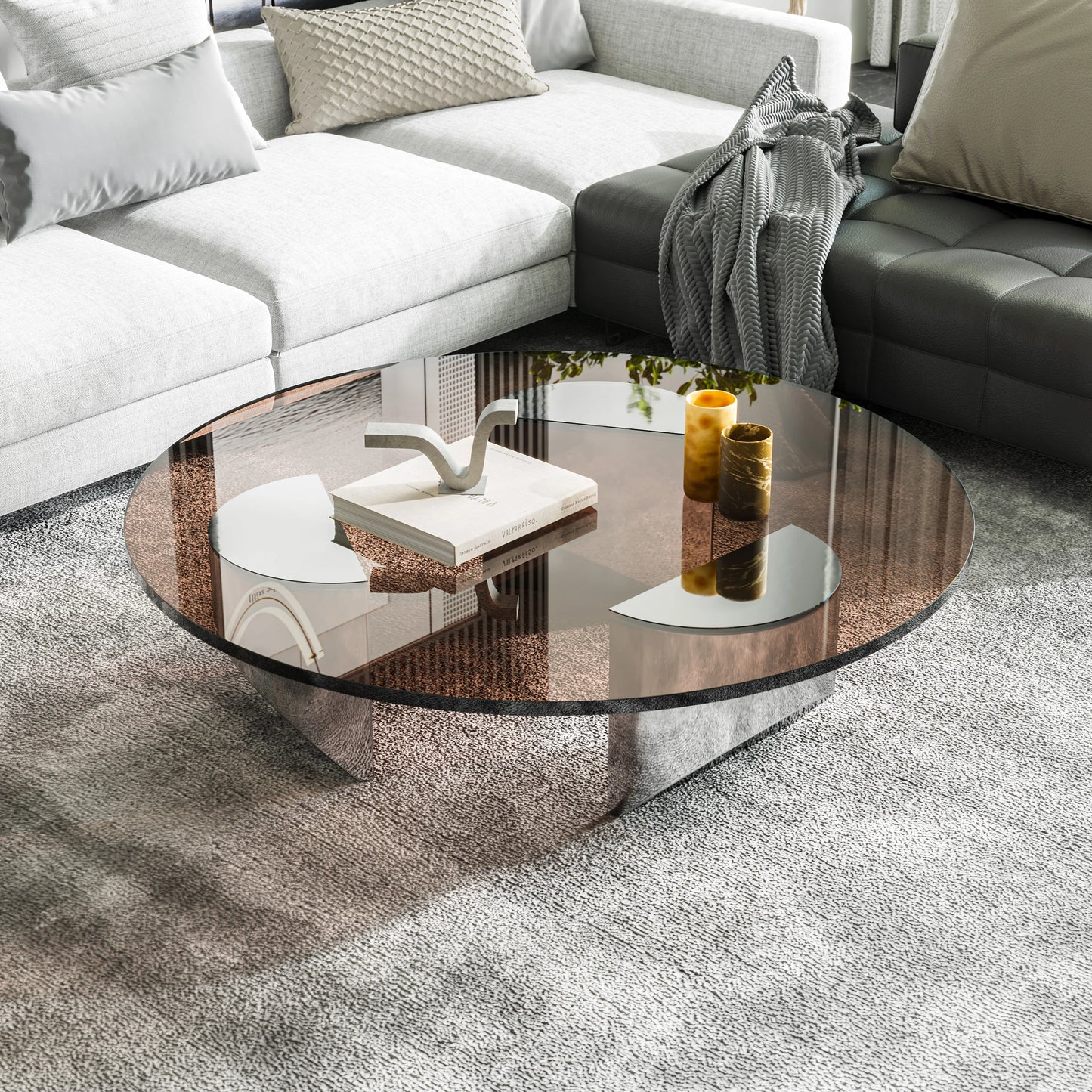 Round Glass Wedge Coffee Table Tempered Glass Household Minimalist Stainless Steel Round Tea Table Side Table