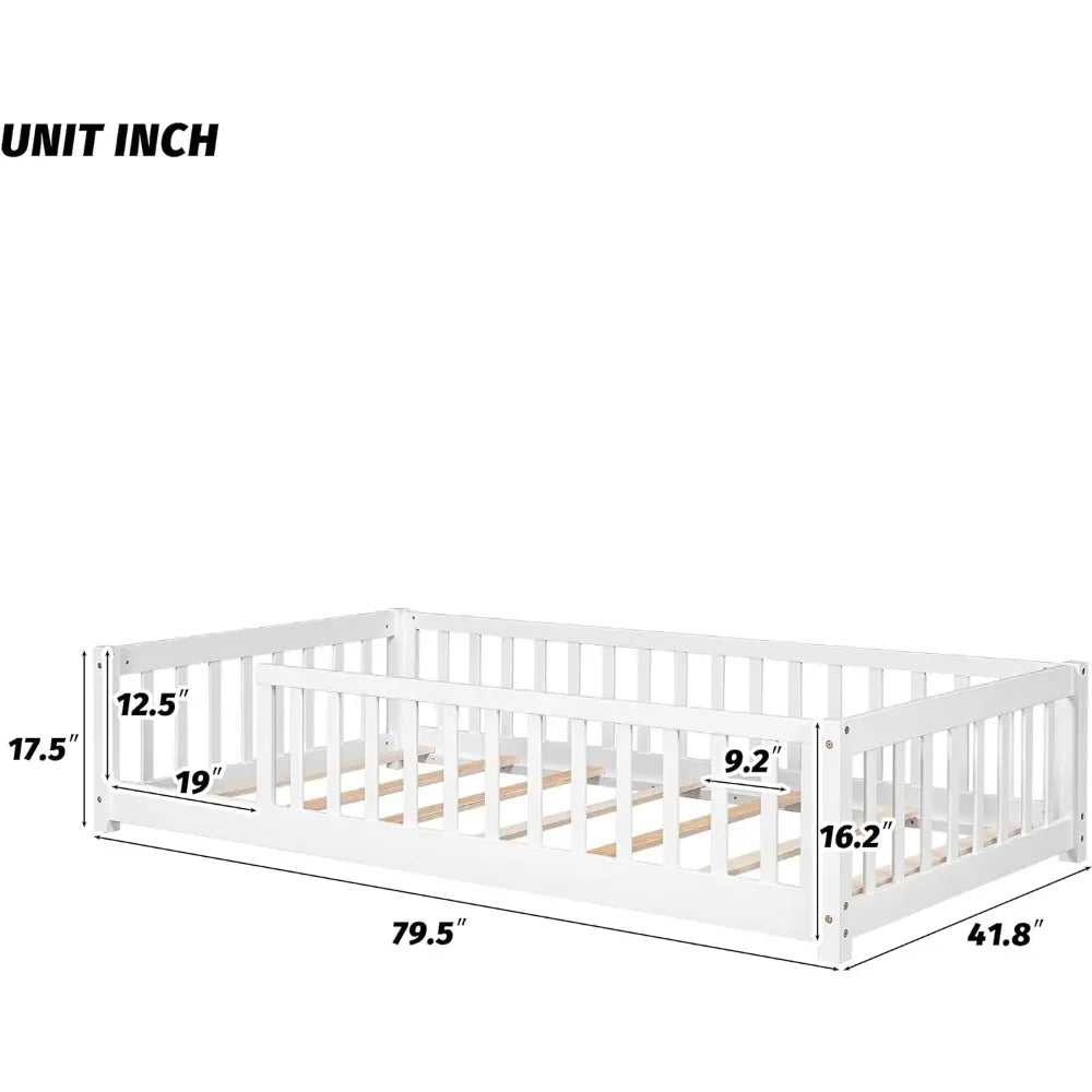 Twin Size Floor Bed Frame with Safety Fence and Wood Slat, Wood Montessori Floor Bed for Kids Girls Boys,Toddler Floor Bed Frame