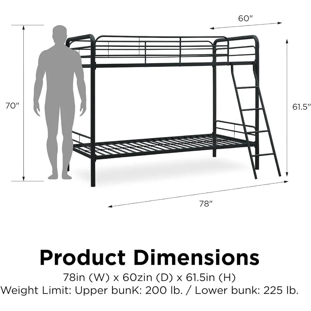 Twin-Over-Twin Bunk Bed with Metal Frame and Ladder, Space-Saving Design, Black