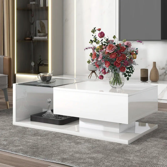 Modern Coffee Table with Tempered Glass, Wooden Cocktail Table with High-gloss UV Surface