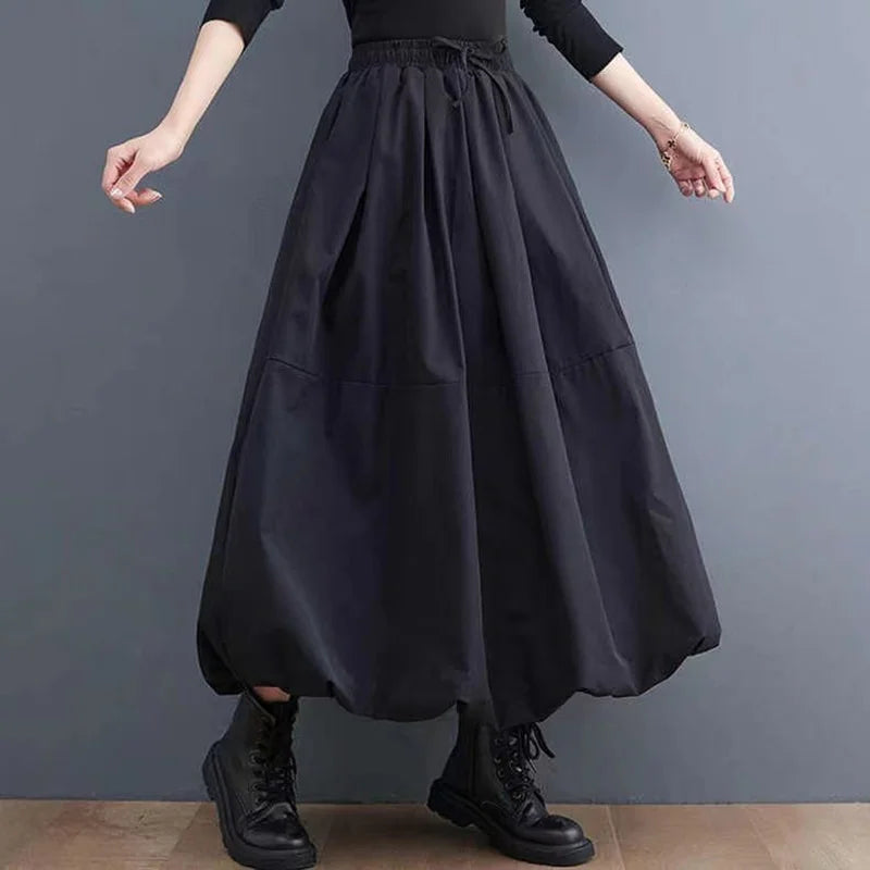 L-4XL Women's Black Long Tutu Skirt With Pockets Fashion High Waist A-Line Maxi Skirts Womens Loose Casual Pleated Skirt C419