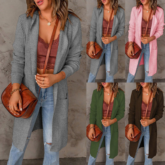 Womens Round Neck Knitted Cardigan Loose Solid Color Sweater Coat