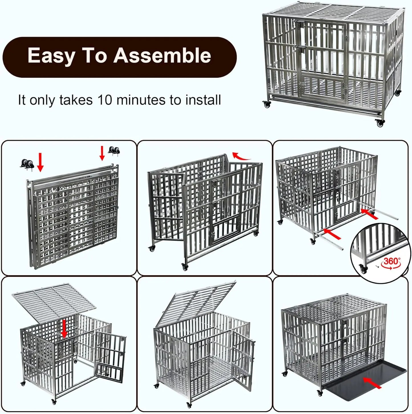 42" Stainless Steel Dog Cage & Playpen - Heavy Duty, Indoor/Outdoor Kennel Crate for Large Dogs w/Double Doors/Locks, Lo