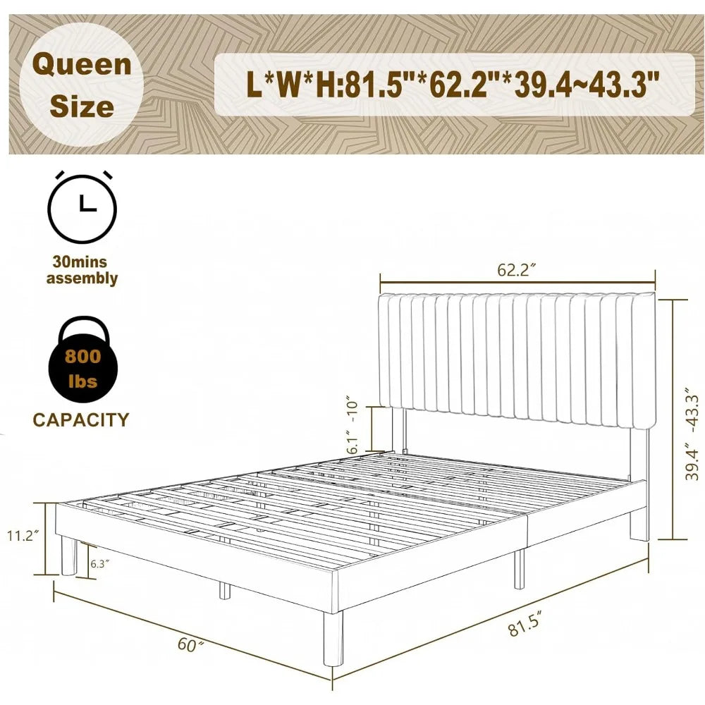 Queen-size Bed Frame, Velvet Upholstered Platform with Headboard, Easy To Assemble, No Springs, with Wooden Slats, Dark Grey