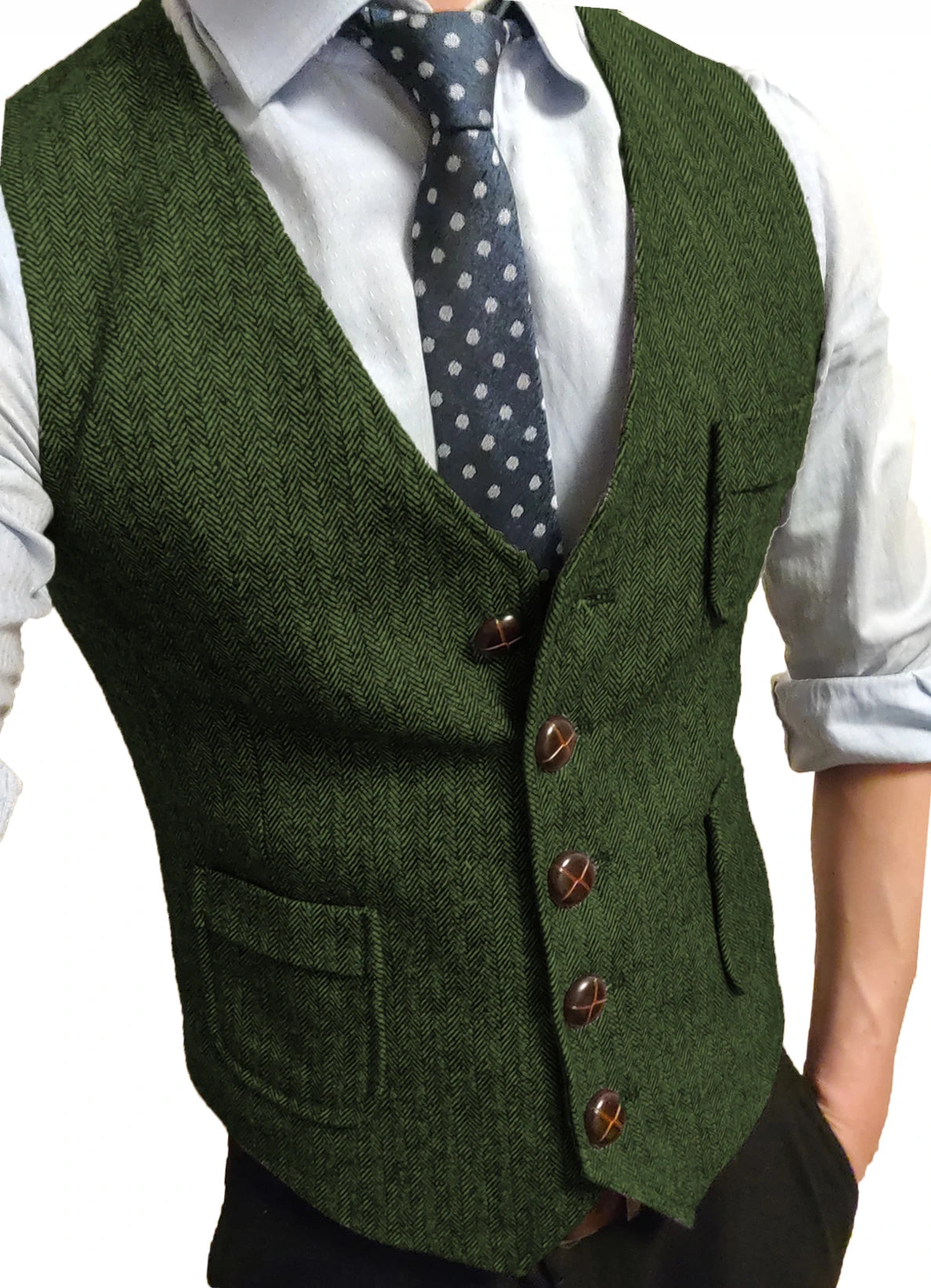 Men's Formal Suit Vest V-Neck Tweed Herringbone Waistcoat Business Dress Suit Vests for Wedding