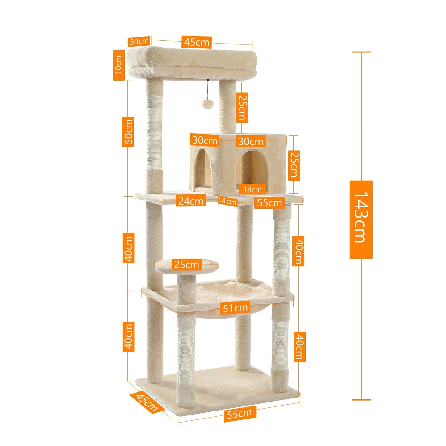 5-Level Cat Tree for Indoor Cats Cat Tower for Large Cats with Large Hammock Sisal Covered Scratching Posts Cozy Condo Top Perch