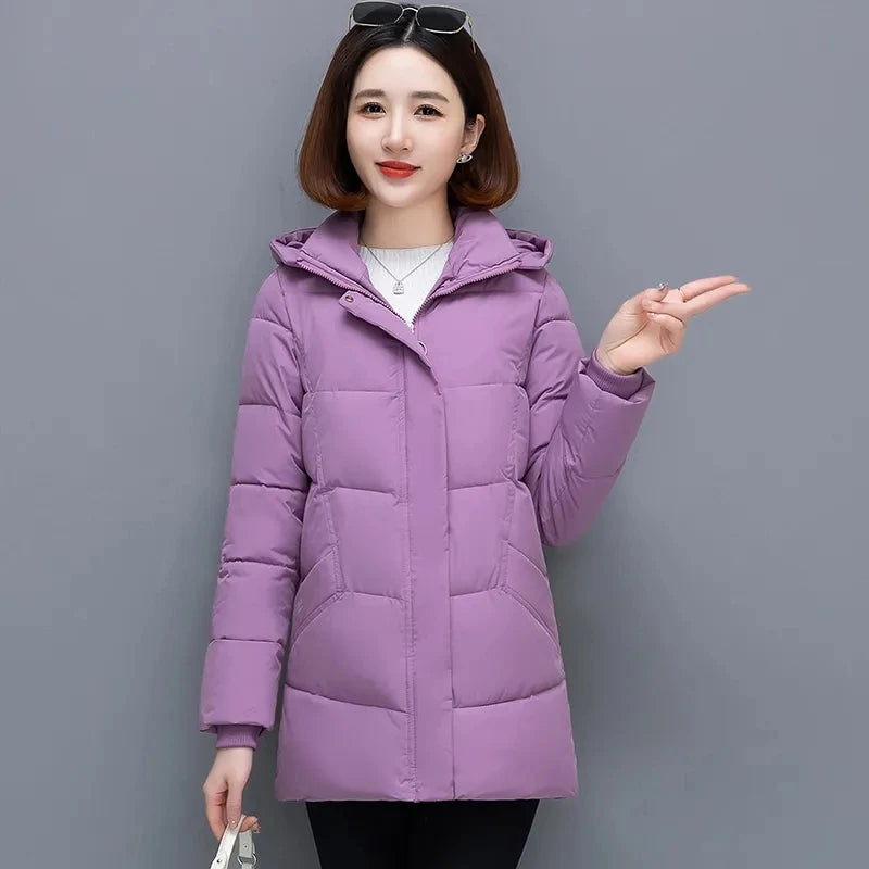 Mid-Length Down Cotton Coat Womens 2023 New Winter Jacket Female Hooded Cotton-padded Parkas Coat Zipper Cotton Outwear Mom Coat