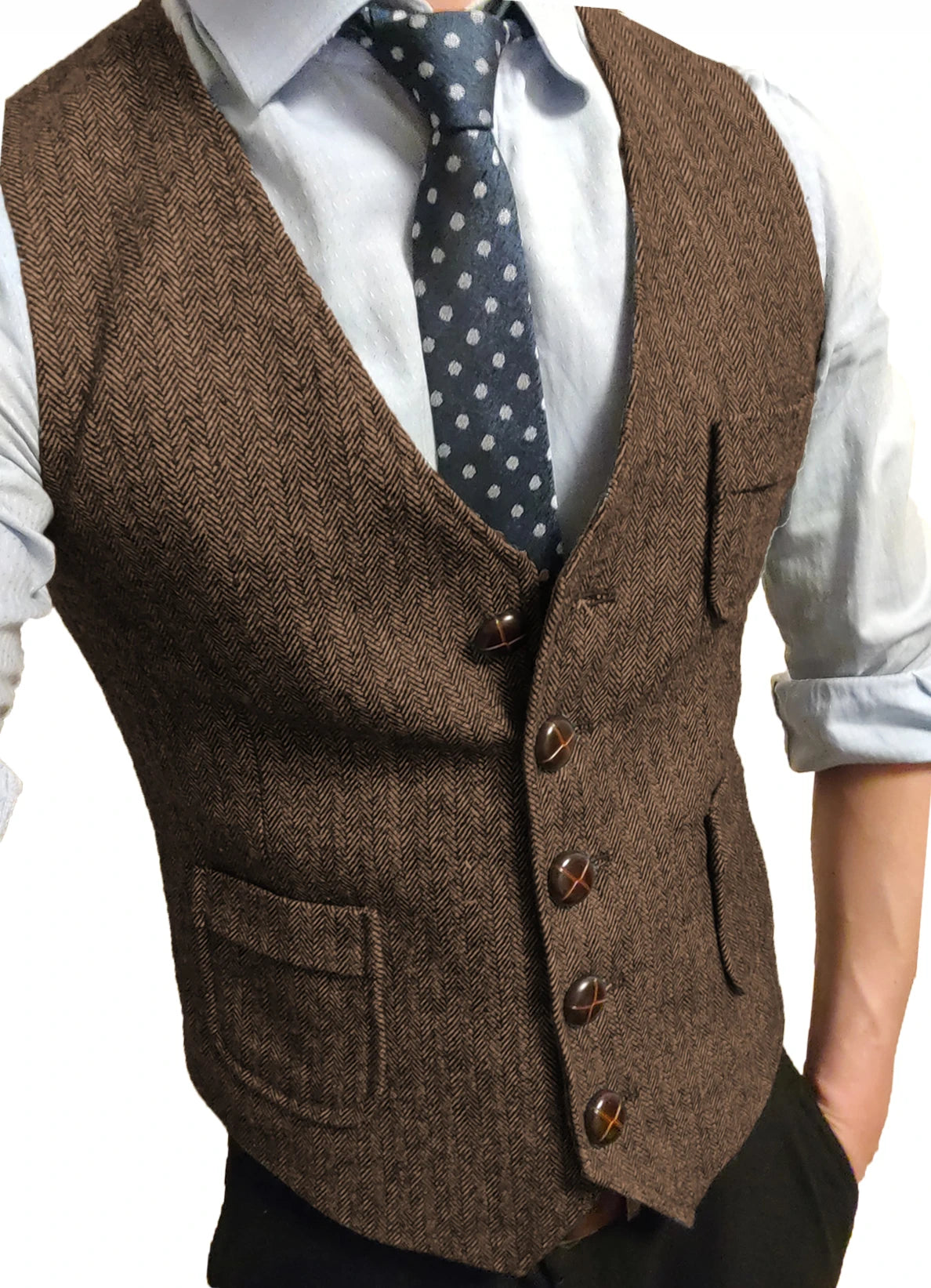 Men's Formal Suit Vest V-Neck Tweed Herringbone Waistcoat Business Dress Suit Vests for Wedding