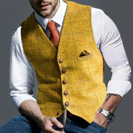 Men's Suit Vest Yellow Wedding Wool Tweed Business Waistcoat Jacket Casual Slim Fit Gilet Homme Vests For Groosmen Man Wedding