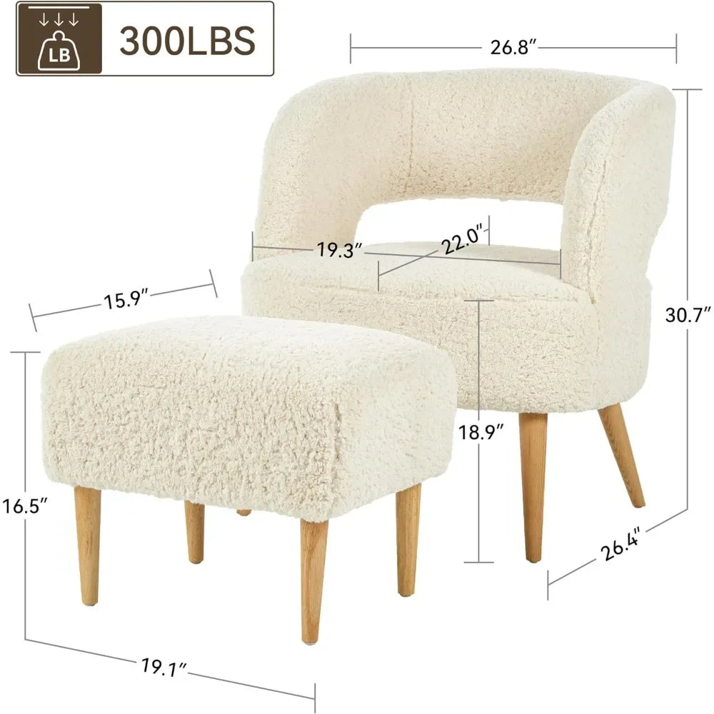 Comfortable Chairs and Ottoman Set with Wooden, Accent Chair with Ottoman Teddy Fleece Upholstered Armchair Mid-Century Modern