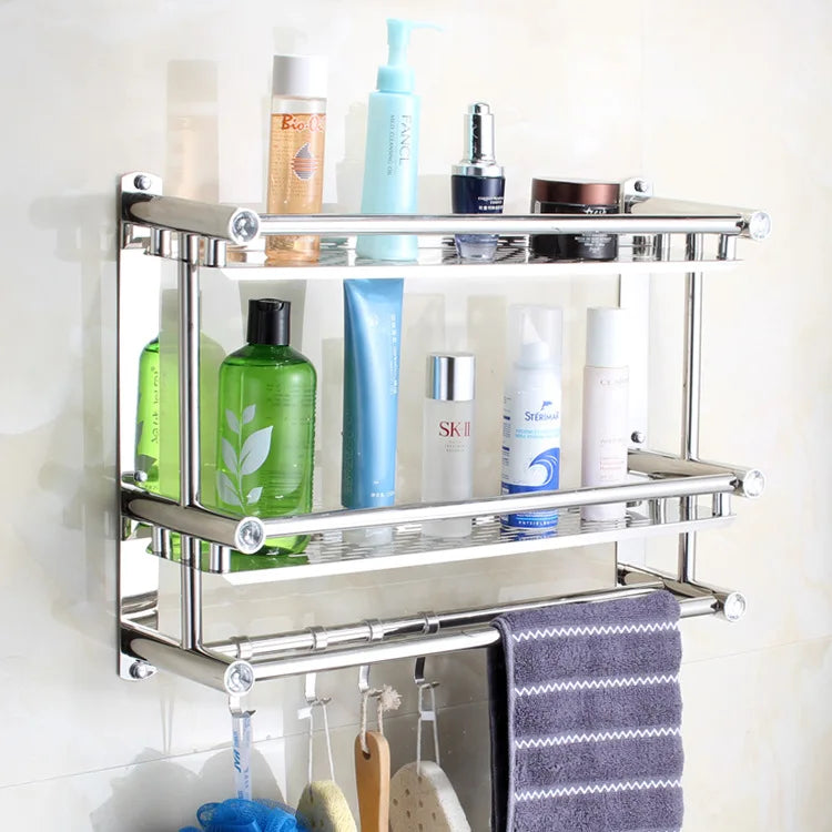 Towel Shelf Punch-free Wall Mounted Towel Rack Movable Stainless Steel Polished Bathroom Storage Organizer Shampoo Holder Basket