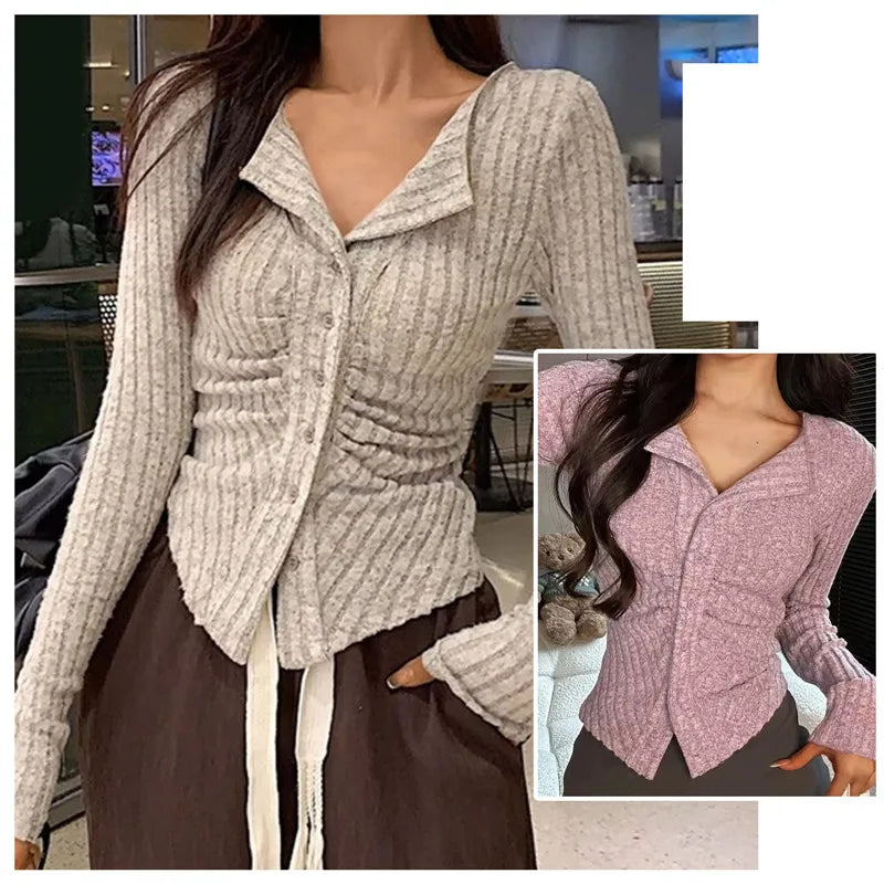 Korea Women Collar Sweater Coat Y2k Knitted Cardigan Vintage Long Sleeve Single Breasted Top Autumn Fashion Knitwear Jumper