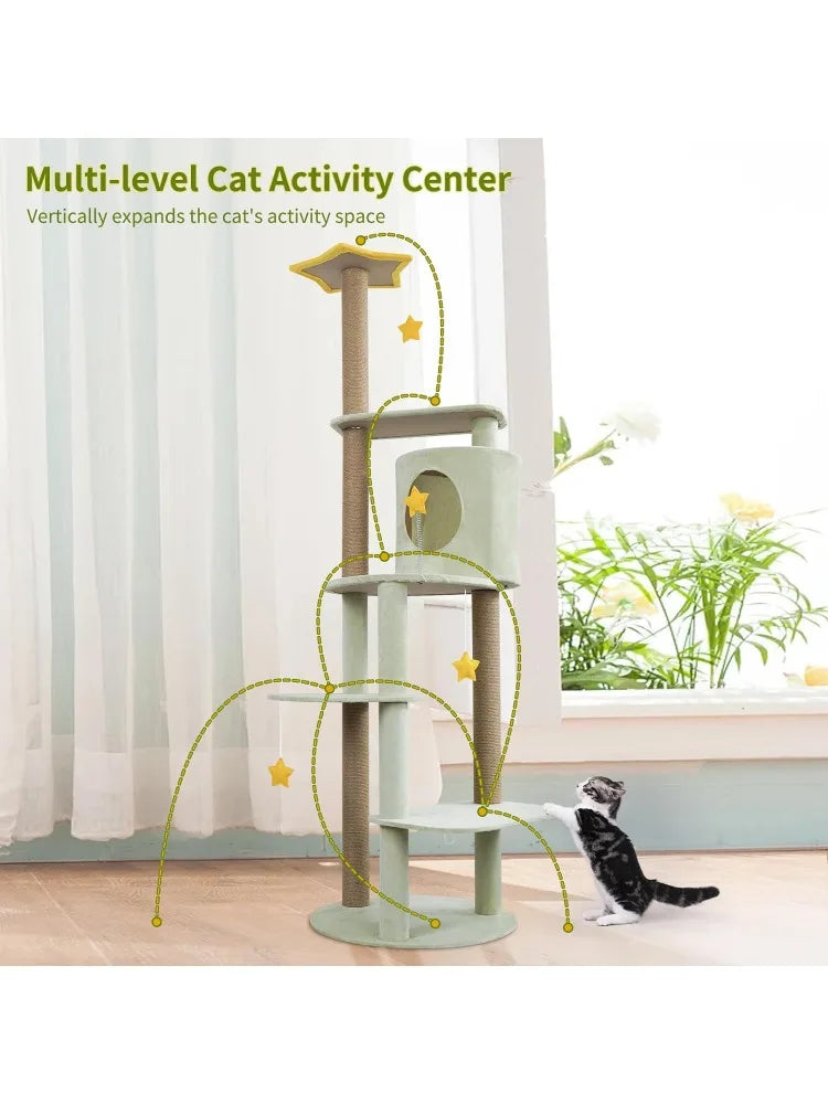 Cute Cat Tree, 63.2" Tall Cat Tower for Indoor Cats, Green Plush Cat House Condo with Scratching Posts