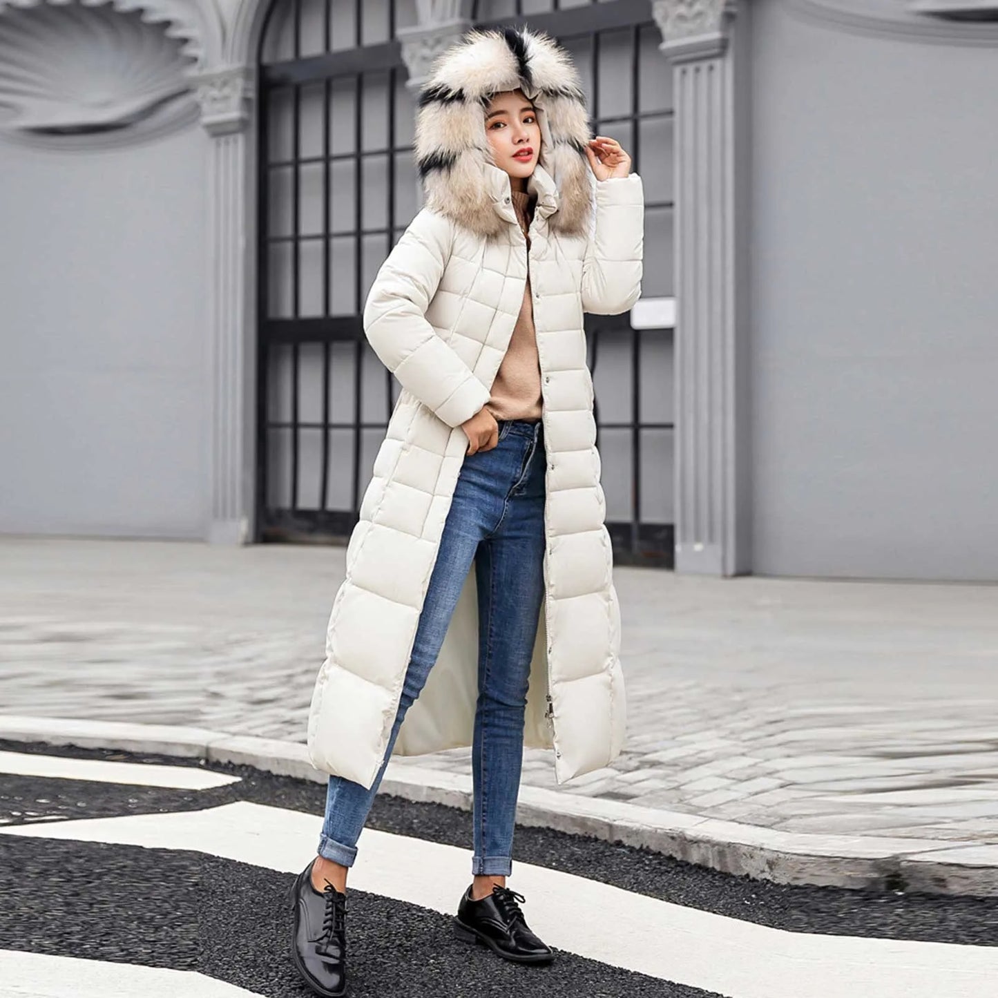 2023 New Winter Fashion Solid Warm Thick Down Coat Jacket With Fur Collar Y2K Oversize High Quality Hoodies Long Outwear Parka