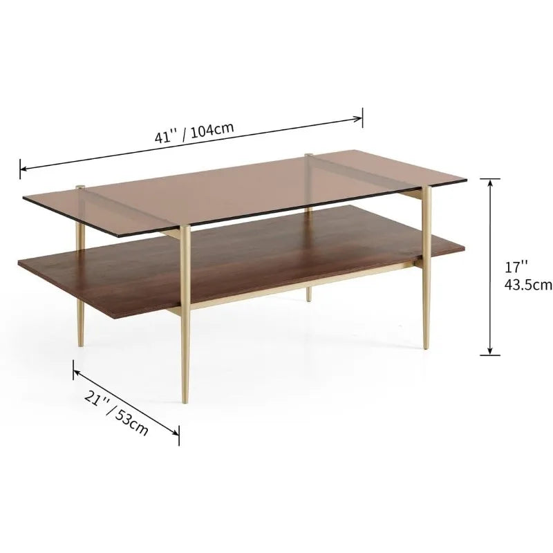 Glass Coffee Table, Clear Double Layer Glass Coffee Table for Living Room, Clear Glass & Coffee Brown Bottom Shelf