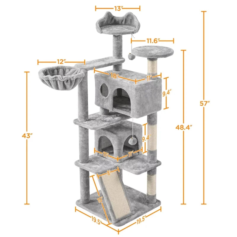 BOUSSAC 54" Double Condo Cat Tree With Scratching Post Tower, Light Gray