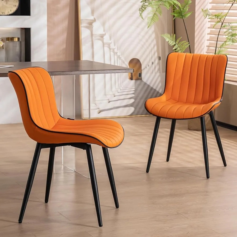 Orange Dining Chairs Set of 2 Upholstered Mid Century Modern Kitchen Chairs Armless Faux Leather Accent Guest  Back Metal Leg