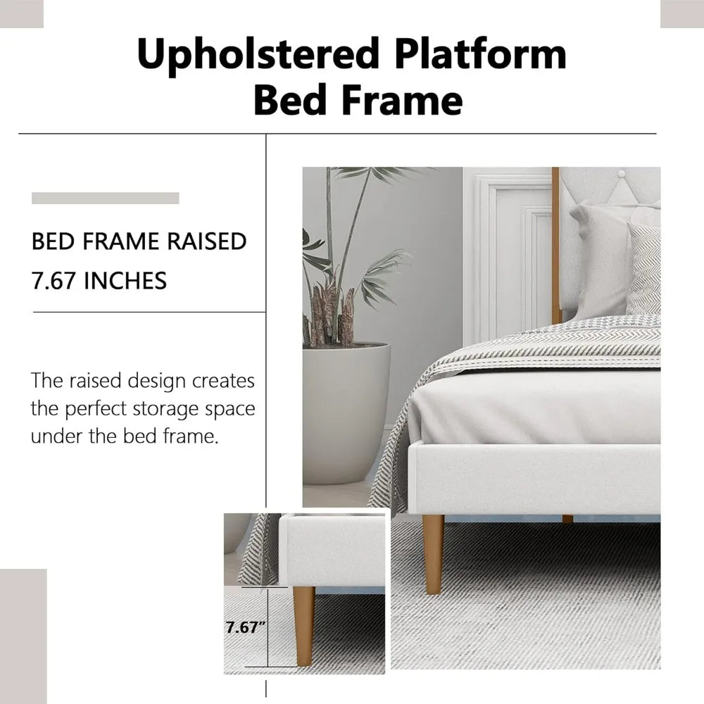 Upholstered Platform King Size Bed Frame with Headboard Premium Stable Wood Slat Support No Box Spring Required Cream Bedroom