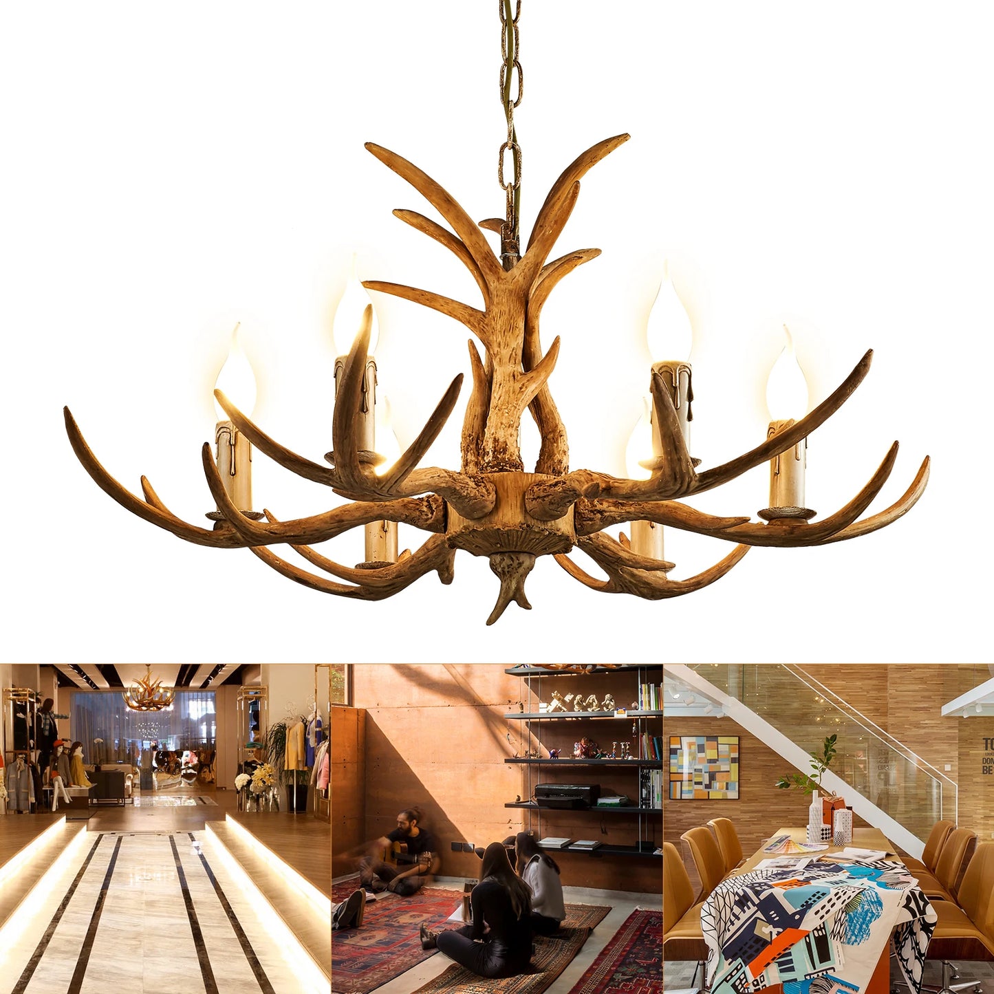 Antler Chandelier Hanging Light Resin 6-Light Candle Lamp Home Decor For Living Room Lobby Interior Lighting Fixture