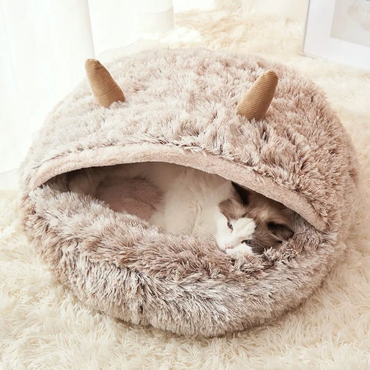 Winter Long Plush Pet Cat Bed Round Cat Cushion House Warm Cat Basket Cat Sleep Bag Cat Nest Kennel 2 In 1 For Small Dog Cat