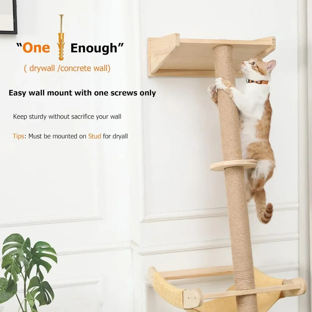 Wall Cat Tree with Hammock, 76" Tall Cat Wall Furniture Lean Against Wall Cats Climbing Tower for Active Indoor Climbers