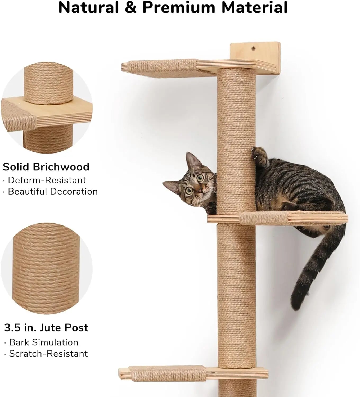 FUKUMARU Tall Cat Tree, 5 Tier Floor to Ceiling Cat Tower, Wall-Mounted Scratching Post, Wild Simulation Wall Shelves, S