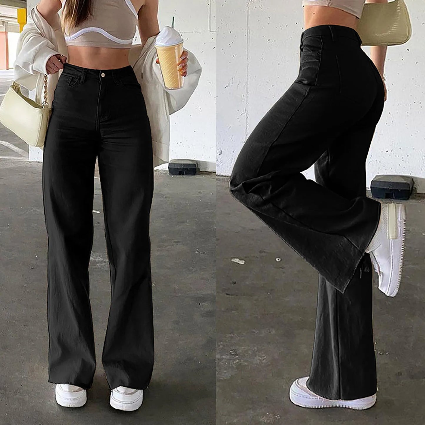 New Black Women Flared Jeans High Waist Denim Pant Vintage Stretch Streetwear Loose Jeans for Women Elastic Cotton Denim Trouser