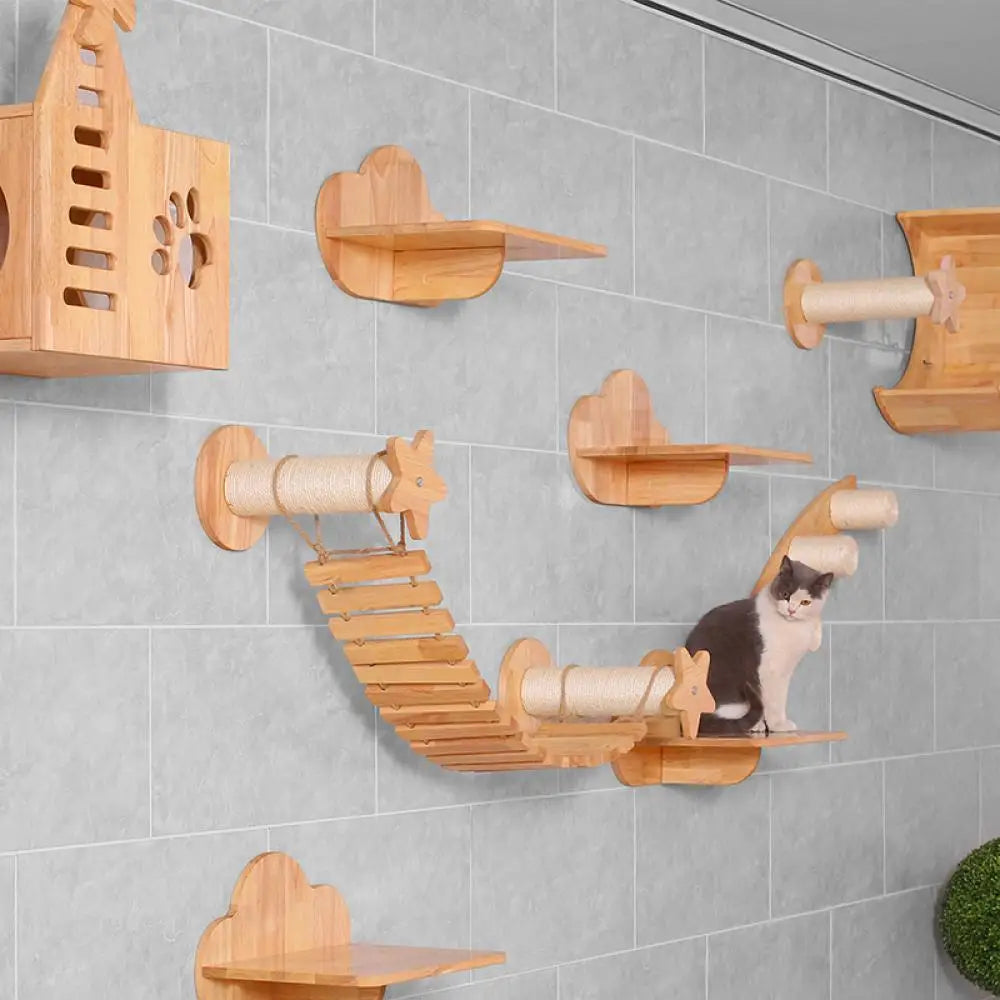 Wall Mounted Cat Climbing Shelves Wooden Furniture Scratcher Jumping Platform Rope Ladder Cat Sleeping and Playing