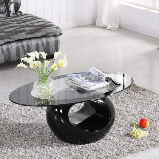 Contemporary Black/White Oval Glass Coffee Table with Round Hollow Base-Modern End Side Table for Home Living Room Furniture