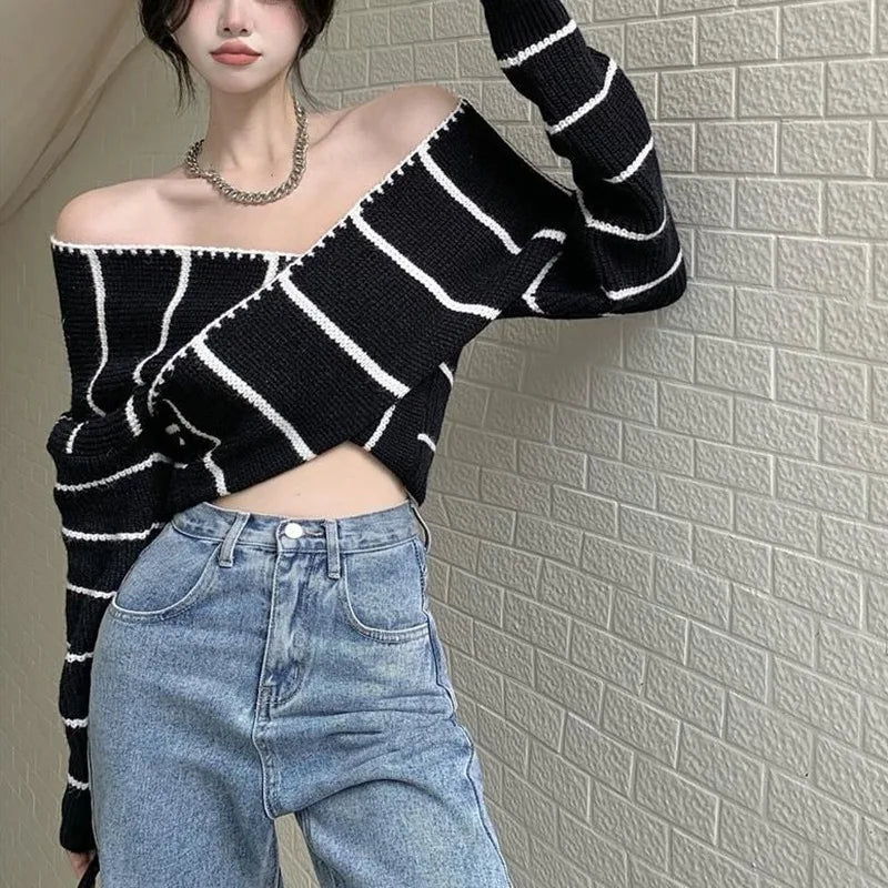 Ins Striped Jacquard Sweater Women Elegant Loose  Gentle V-neck Cross Color Contrast Long Sleeve Versatile Knit Pullover