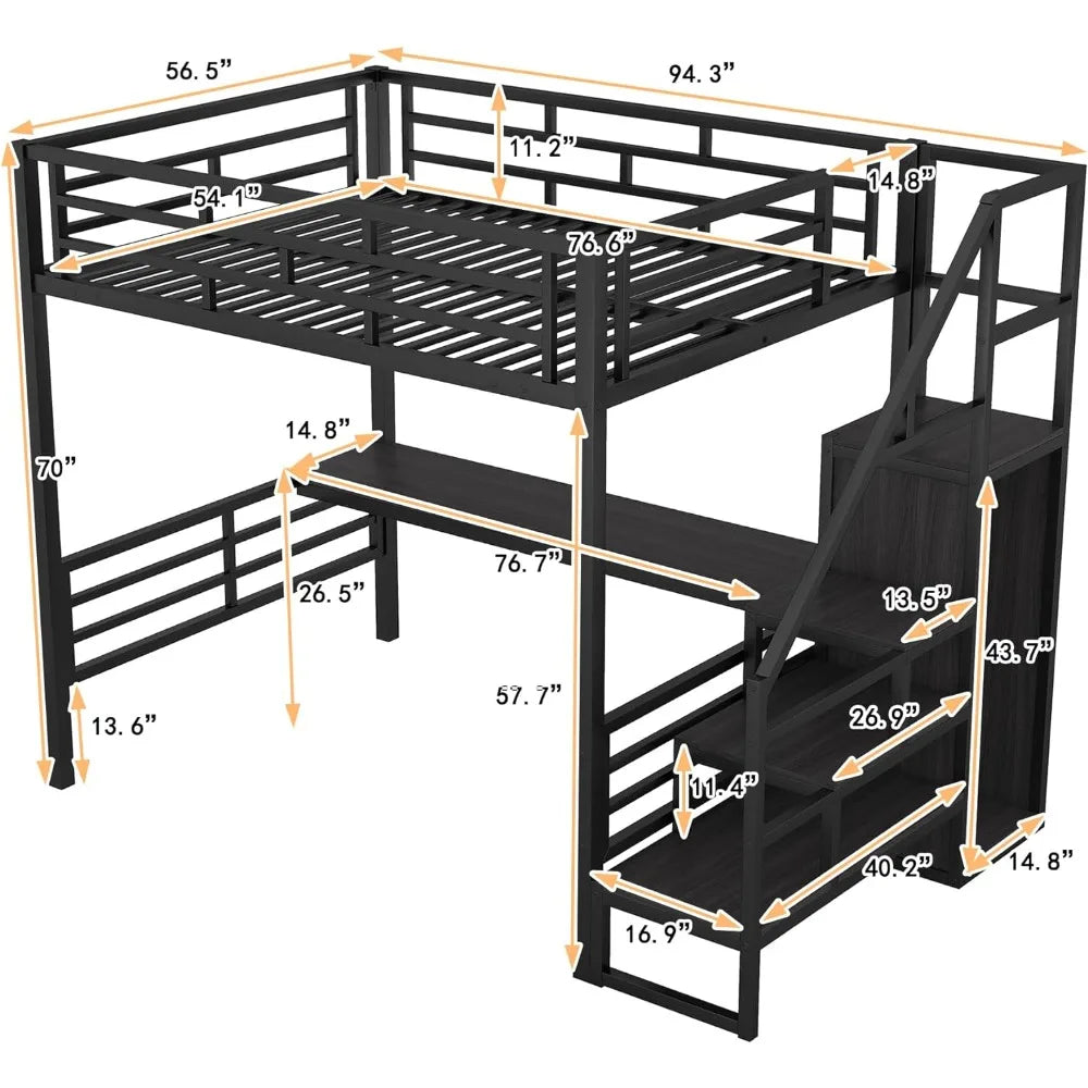 Staircase Full Size Loft Bed with Built-in Desk & Wardrobe,Sturdy Bedframe w/Storage & Safety Guardrail