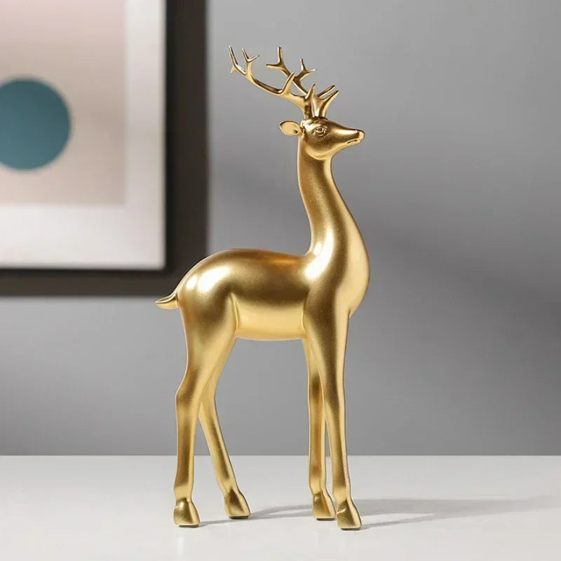 Golden Deer Figurines European Feng Shui Ornaments Animal Statue Resin Handmade Art Crafts Home Living Room Office Decoration