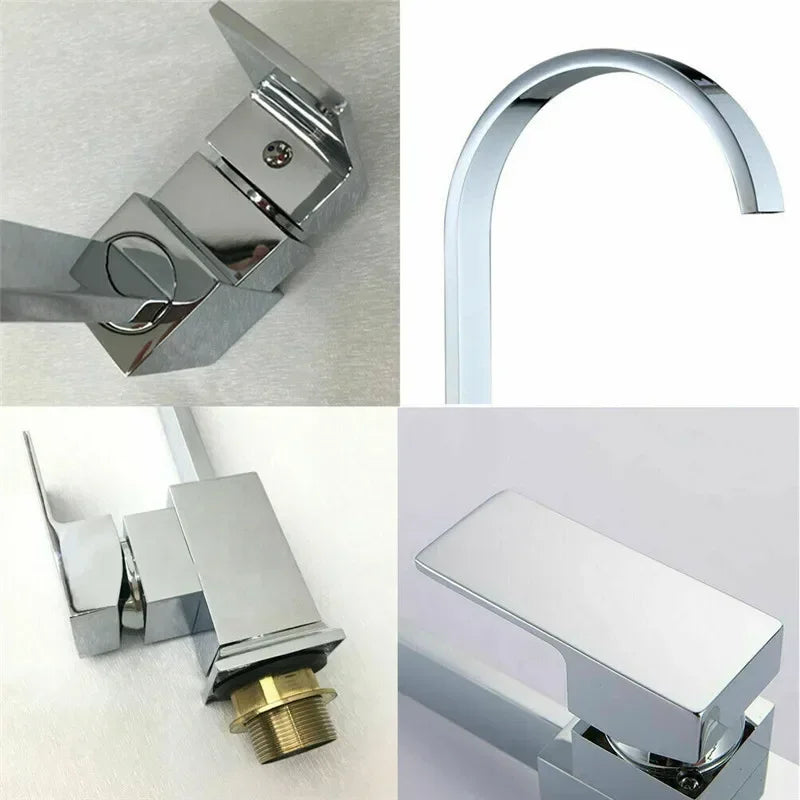 Stainless Steel Kitchen Faucet Single Square Flat Tube Hole Hot and Cold Kitchen Sink Mixer Tap 360 Degree Rotation Water Faucet