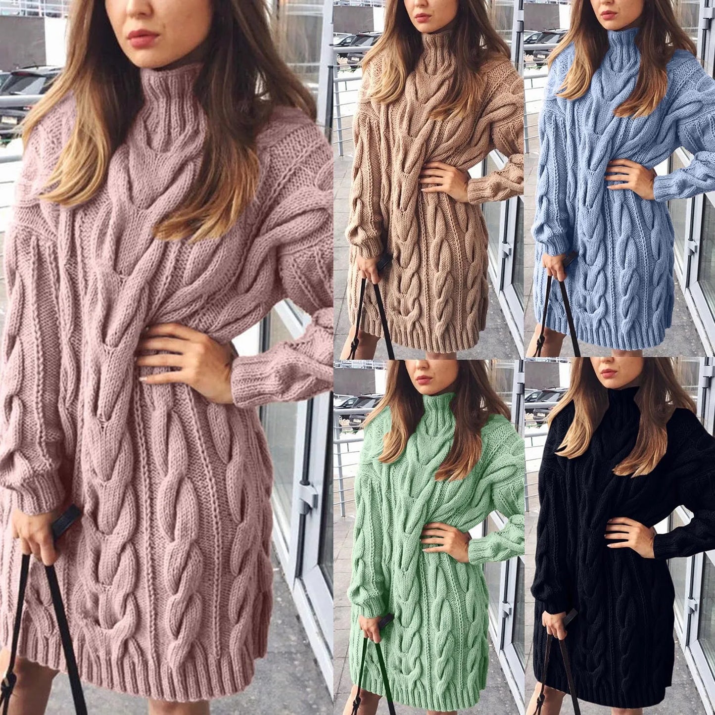 Winter Knitted Pullover Sweater Women's Solid Color Loose Turtleneck Sweaters Dress Elegant Floral Knitwear Sueter For Women