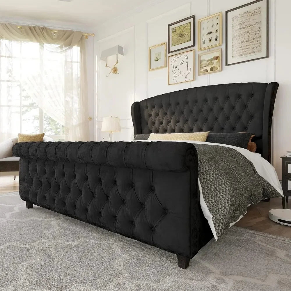 Bed Frame, Velvet Upholstered, Headboard and Headboard with Rolling Wing Back, No Springs Required, Easy To Assemble, Bed Frame